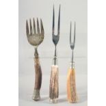 THREE VARIOUS ANTLER HANDLE FORKS.