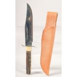 WIDDER SOLINGEN GERMANY ORIGINAL BOWIE KNIFE, with antler handle in a leather sheath, 11" long.