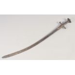 AN INDIAN TULWAR, mid-18th century, 28in fullered blade and typical hilt, overall rusted.