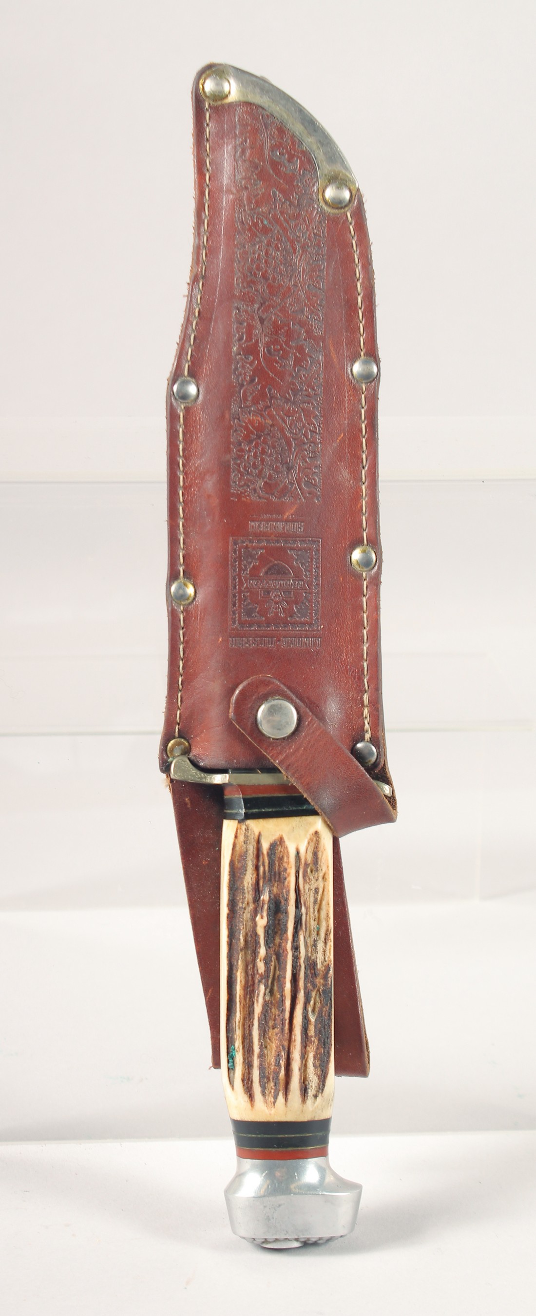 THE ORIGINAL LINDER-MESSER SOLINGEN KNIFE, with antler handle in a leather case. - Image 7 of 7