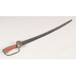 AN ENGLISH HUNTING HANGER, circa 1700, curved fullered blade, embossed brass shell guard, down
