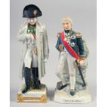A PORCELAIN FIGURE OF ADMIRAL LORD NELSON AN NAPOLEON, 8.5" X 9", (2).