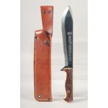AN AITOR SURVIVAL 21 8.75 STAINLESS STEEL KNIFE, with antler handle in a leather sheath.