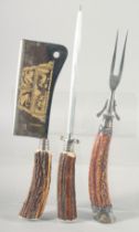 SOLINGEN GERMANY, an antler handle chopper-cleaver and a knife sharpener and fork, (3).