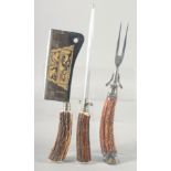 SOLINGEN GERMANY, an antler handle chopper-cleaver and a knife sharpener and fork, (3).