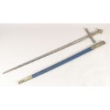 A REPLICA OF A KNIGHTLY SWORD, early 20th century, straight edged pointed 36in blade, brass