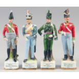A SET OF FOUR PORCELAIN FIGURES, Officer British Line Infantry 1815, Light Dragoon, Grenadier