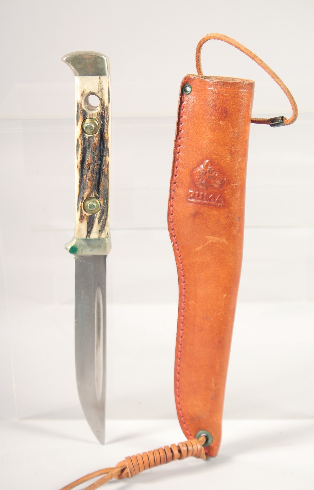 THE 6383 PUMA BUDDY KNIFE, with super keen cutting steel, antler handle in a leather sheath.