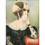 19th Century, a miniature portrait of a lady in an elaborate headdress, watercolour in ivory, 4" x