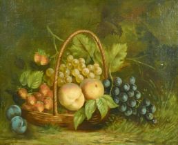 Neuville, A still life of mixed fruit in a basket, strawberries, grapes, apples and plums, oil on