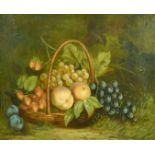 Neuville, A still life of mixed fruit in a basket, strawberries, grapes, apples and plums, oil on