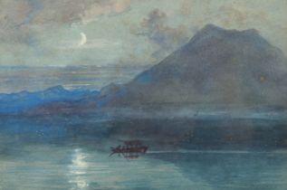 F. Lee Baidell, A boat in a mountainous landscape with a moonlit sky, watercolour, 6.5" x 9.5", (