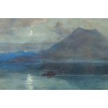 F. Lee Baidell, A boat in a mountainous landscape with a moonlit sky, watercolour, 6.5" x 9.5", (