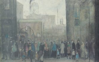 A Lowry print, numbered 526/850, figures waiting on the street, Medici Society Ltd label verso, 12.