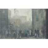 A Lowry print, numbered 526/850, figures waiting on the street, Medici Society Ltd label verso, 12.