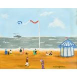 Margaret Chapman (1940-2000) British, Figures on a French beach and a paddle steamer ship beyond,