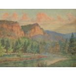 Tiger, A pair of river landscapes with trees and rocky mountains beyond, watercolours, both