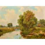 Robert Fenson, (Henry Maidment) (fl. 1889-1914) British, A river landscape with cattle on a bridge