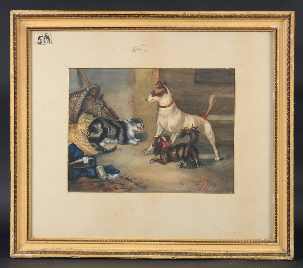 Maudie Franegan (19th Century) Two dogs and an unhappy cat in a back yard, watercolour heightened - Image 2 of 5