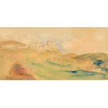 Circle of Edward Lear, a Continental view of hilltop ruins, 5.5" x 10.5",(10x27cm) along with