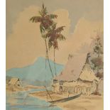 Abu Bakar Ibrahim (1925-1977) Malaysian, Dwellings with palm trees and a boat and mountain beyond,