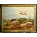 Late 19th Century School, An otter with fish on a large rock with a Mallard flying overhead with