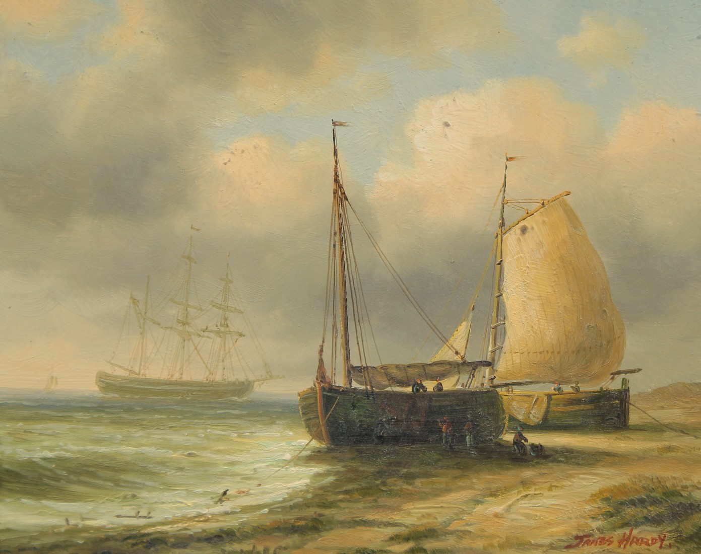 James Hardy (late 20th Century) Two sailing boats moored, with a tall ship just off the coast, oil