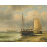 James Hardy (late 20th Century) Two sailing boats moored, with a tall ship just off the coast, oil