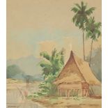 Abu Bakar Ibrahim (1925-1977) Malaysian, A dwelling on the edge of a river, Malaya, watercolour,