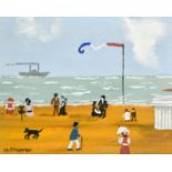 Magargaret Chapman (1940-2000) British, Figures and dogs on a French beach with a paddle steamer