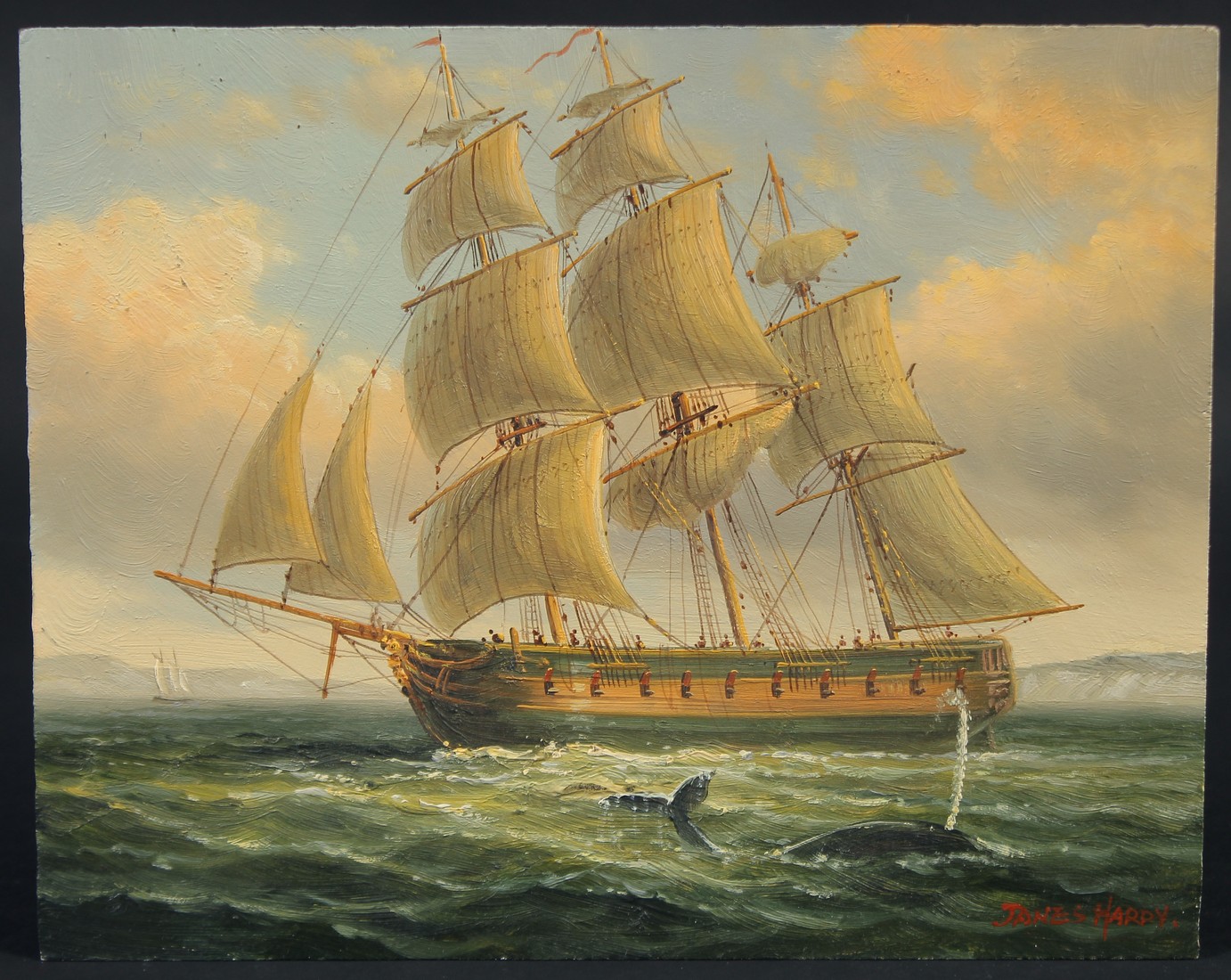 James Hardy (late 20th Century) A Clipper in full sail off the coast with a whale surfacing for air, - Image 2 of 4