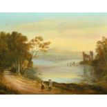 20th Century School, figures conversing by a mountain lake with castle ruins and sailboats beyond,