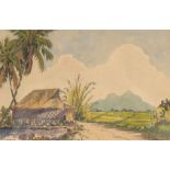 M. Sibik (20th Century Malaysian School), A hut next to palm trees and rice fields with a mountain