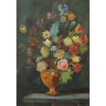 A still life of mixed flower in a gold goblet, oil on panel, 21.5" x 16.25", (54,5x41.5cm).