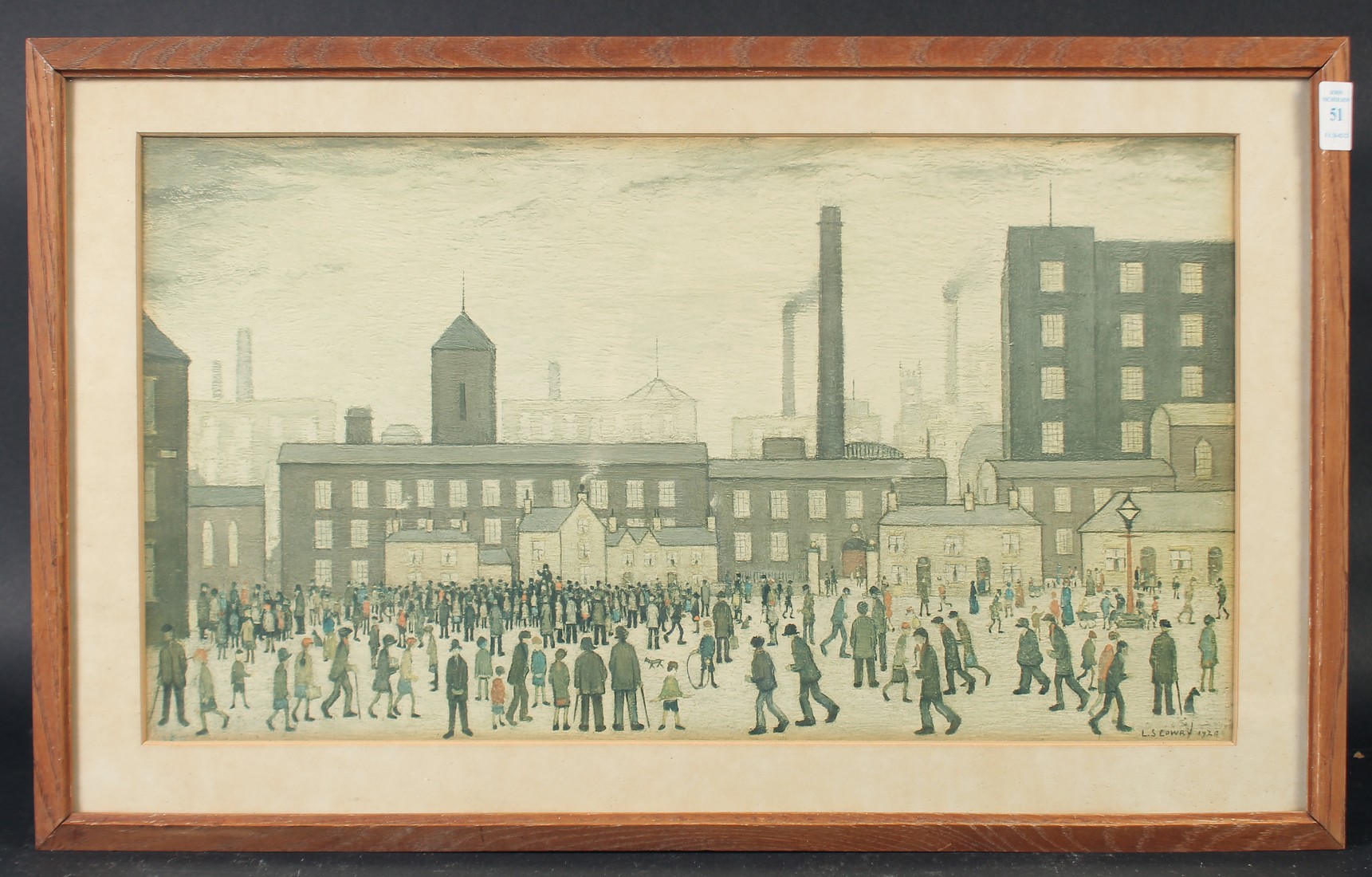 A Lowry print, after the painting, 'Outside the mill' 1928, 10.75" x 19.5", (27.5x50cm). - Image 2 of 5