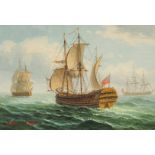 James Hardy (late 20th Century) A Man-of-War and a tall ship out to sea, oils on canvas not