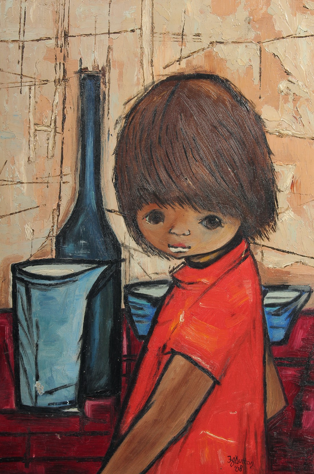 J G Dutton, circa 1968, a study of a young child, oil on canvas signed and dated, 17" x 11.5" (43