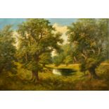 J. Lewis (19th Century) An extensive parkland setting with oak trees and deer by a pond, oil on