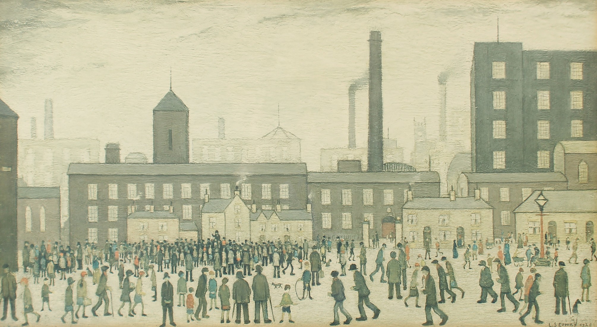 A Lowry print, after the painting, 'Outside the mill' 1928, 10.75" x 19.5", (27.5x50cm).