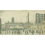 A Lowry print, after the painting, 'Outside the mill' 1928, 10.75" x 19.5", (27.5x50cm).