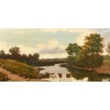 E. Lancaster (circa 1887) 'Near Boxhill, Surrey', A scene of an angler and cattle by a river, oil on