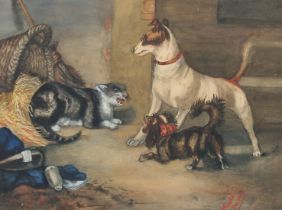 Maudie Franegan (19th Century) Two dogs and an unhappy cat in a back yard, watercolour heightened