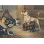 Maudie Franegan (19th Century) Two dogs and an unhappy cat in a back yard, watercolour heightened