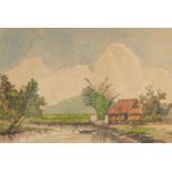 M. Sibik (20th Century Malaysian School), A hut next to rice fields with a mountain beyond,