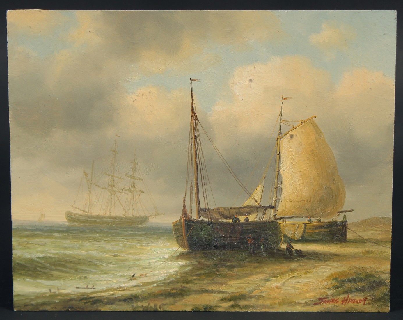 James Hardy (late 20th Century) Two sailing boats moored, with a tall ship just off the coast, oil - Image 2 of 4