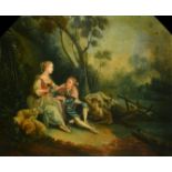 Manner of Watteau, an elegant couple seated sharing grapes in a classical landscape with sheep and