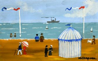 Margaret Chapman (1940-2000) British, Figures on a French beach and a white tent edged with blue,