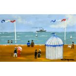 Margaret Chapman (1940-2000) British, Figures on a French beach and a white tent edged with blue,