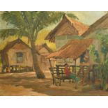 Southeast Asian School (20th Century) Village huts with figures, oil on board, indistinctly signed