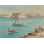 Joseph Galea (1904-1985) Maltese, 'The Grand harbour', Malta, watercolour, inscribed in pencil,